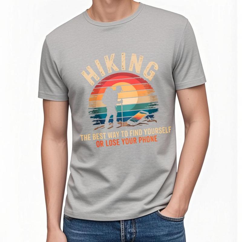 Anime Man Summer Tshirt Hiking Sunset Hiker Phone Nature Adventure Outdoors Exploration Short Sleeve Cotton ONeck Women