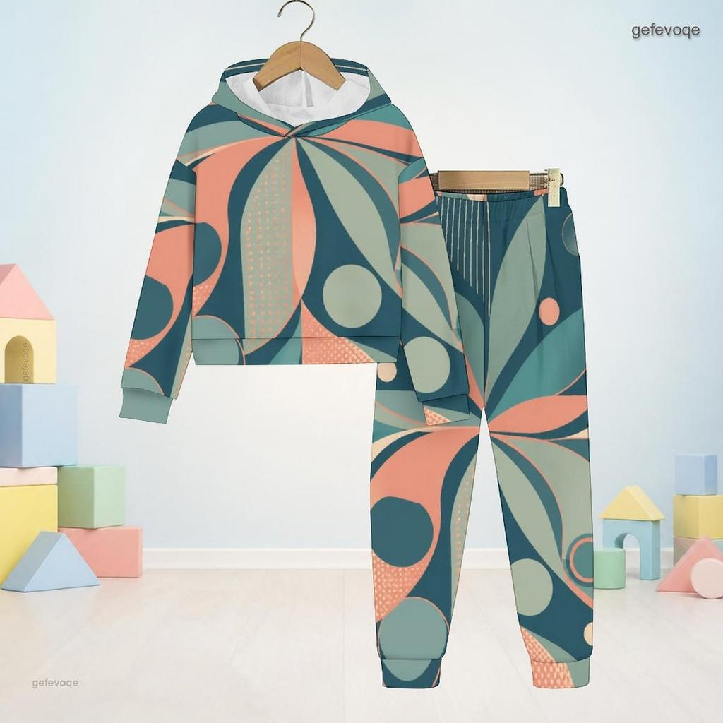Boys Girls Abstract Floral Printed Hooded Long Sleeve Sweatshirt Cuffed Pants Two Piece Set