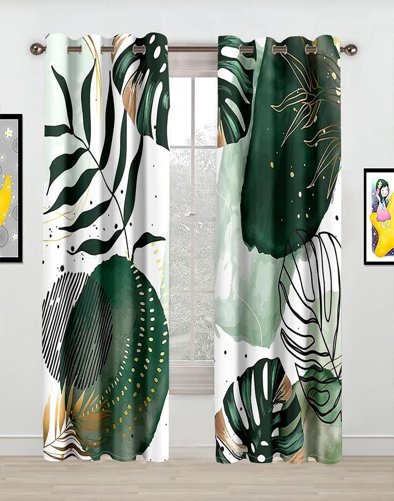 3D 2 шт. занавеска с тропическими листьями, зеленое и белое растение, пальма, летнее гавайское акварельное растение, банановое дерево, натуральная занавеска с принтом, кровать