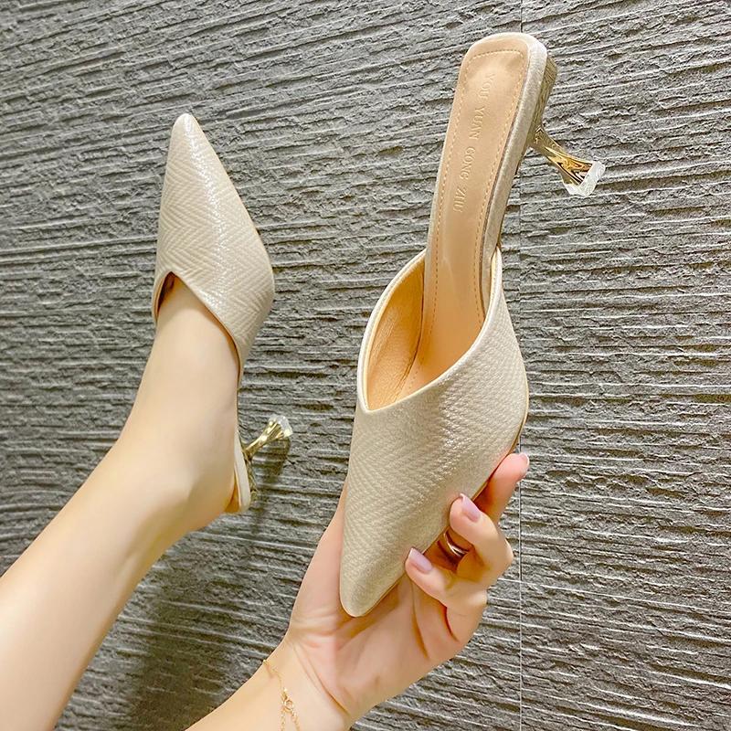 Мода Роскошь Женские Пляжные Туфли Тренды Женские Туфли-лодочки на Высоком Каблуке с Острым Носком Женские Дизайнерские Каблуки Мюли Шлепанцы