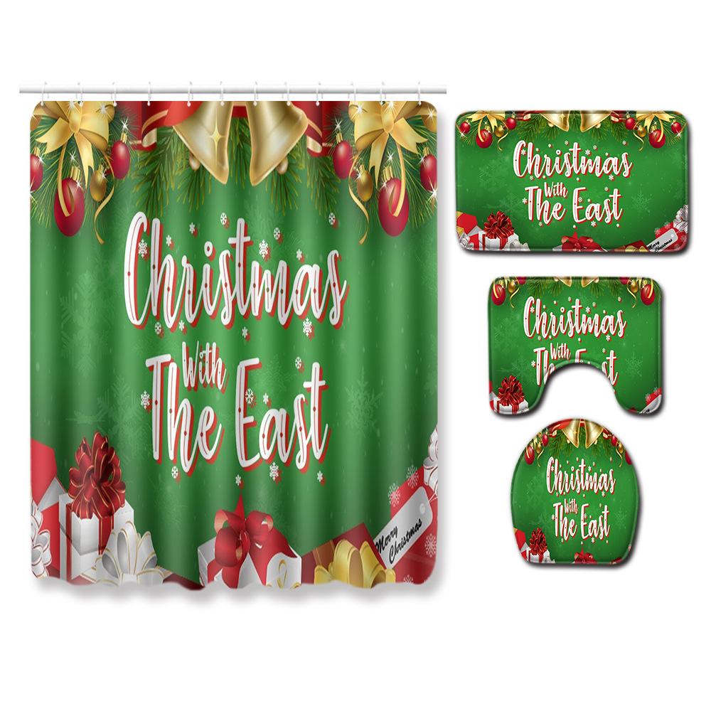 Christmas Waterproof Shower Curtain Four-Piece Floor Mat Combination Bathroom Water-Absorbing Non-Slip Carpet Door Mat Foot Mat