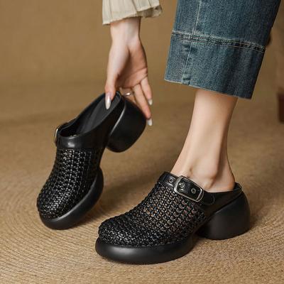 Полушлепанцы с толстой подошвой, увеличивающие рост, с закрытым носком, женская уличная обувь, лето 2025, новые плетеные сандалии-мюли с серебристыми отверстиями в римском стиле