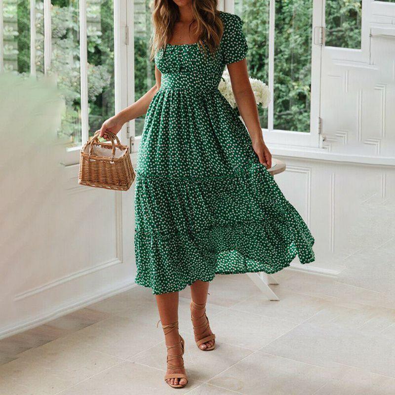 Элегантное женское платье макси в горошек в стиле бохо с оборками и квадратным вырезом для пляжа