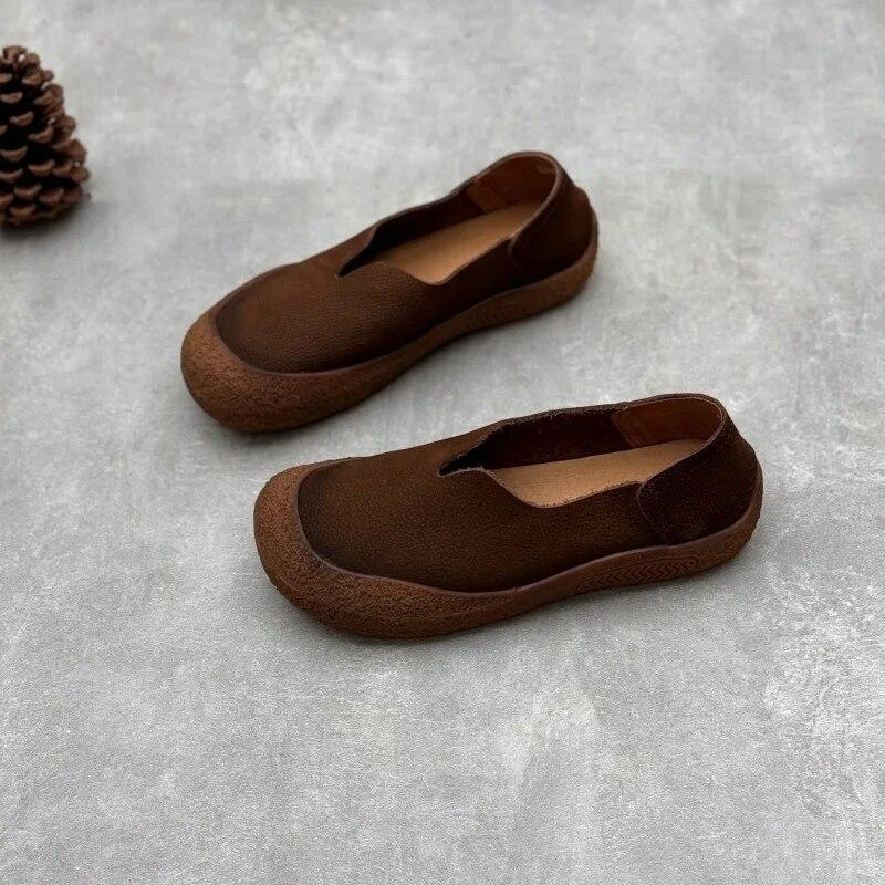 Johnature Retro Handmade Loafers Genuine Leather Flat Shoes Casual Versatile Soft Cowhide Women's Slip-on Shoes