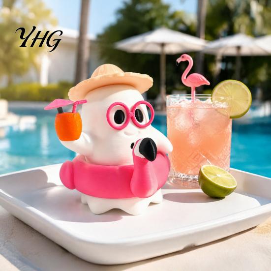 Indoor Seasonal Decorations 3D Printed Summer Ghost Figurine, Cute Beach Theme Ornament with Micro Landscape Construction Straw Hat Swimming Ring And