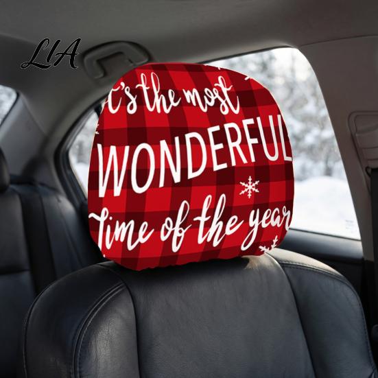 Soft Polyester Seat Cushion 2Pcs Christmas Car Headrest Covers, Elastic Holiday Printed Head Rest Cover, Vehicle Interior Styling Funny Auto