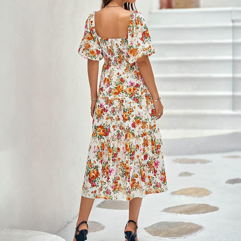 Женское модное платье с квадратным воротником и цветочным принтом, высокой талией, полым пузырем и короткими рукавами, плиссированное платье с принтом сзади