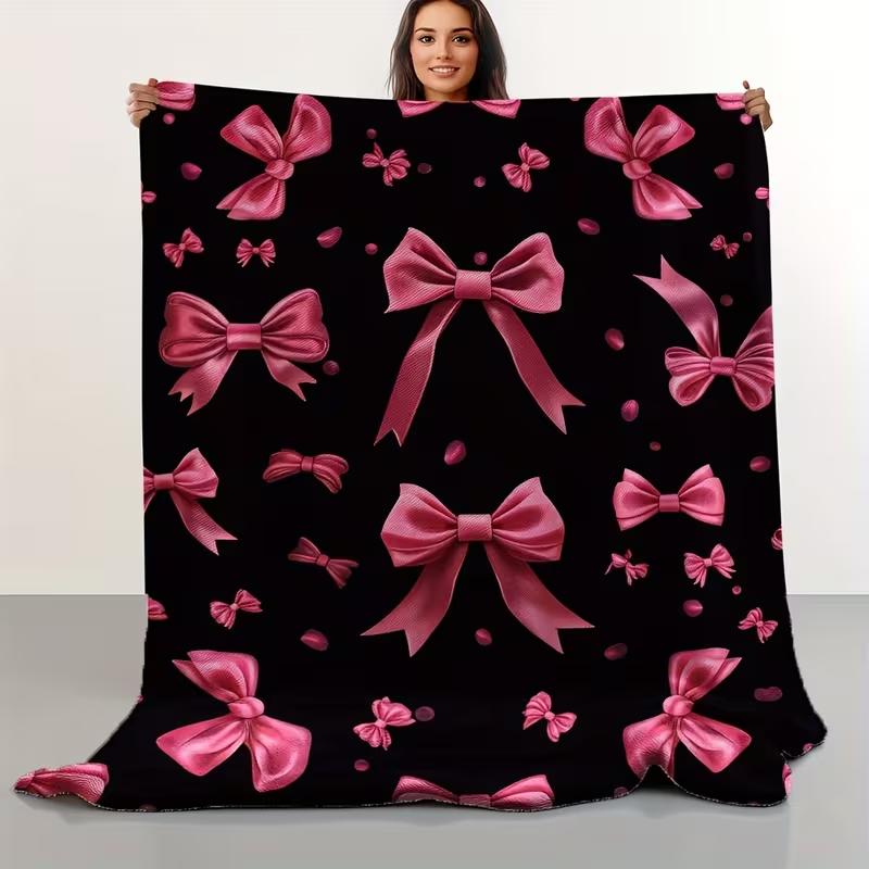 Pink Bow Ribbon Black Background Print Throw Blanket Soft Warm Bed Couch Blanket Sweet Style Office Travel All Season Blanket