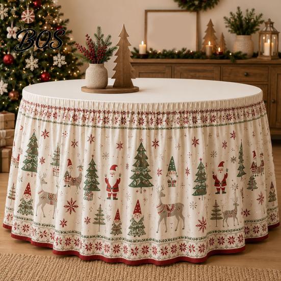 Seasonal Table Skirt Christmas Skirt, Santa Claus Elk Prints, Elastic Edge, Dining Decor, Festive Home Decor Elf Xmas Tree for Holiday Party