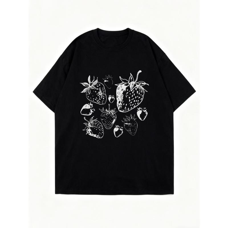 Black Oversized T Shirt With Strawberry Print For Casual Wear