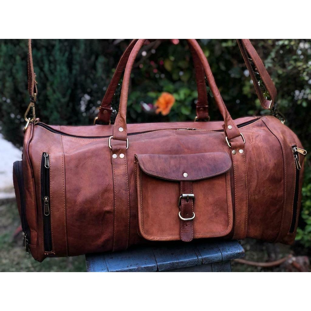 Кожаная сумка для путешествий Goat Duffel Gym Bag Винтаж Подлинная Коричневый Новый Мужской Мужчины