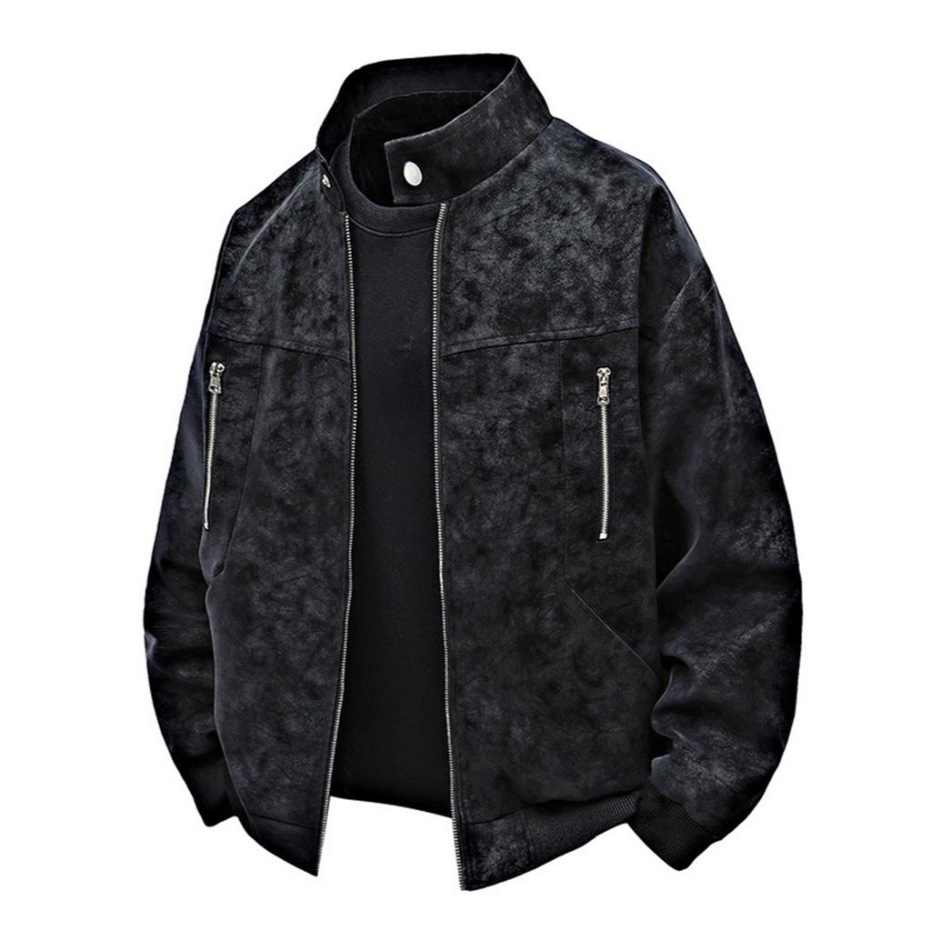 Men's Solid Color Zipper PU Leather Stand Collar Jacket Casual Sports Motorcycle Style Jacket