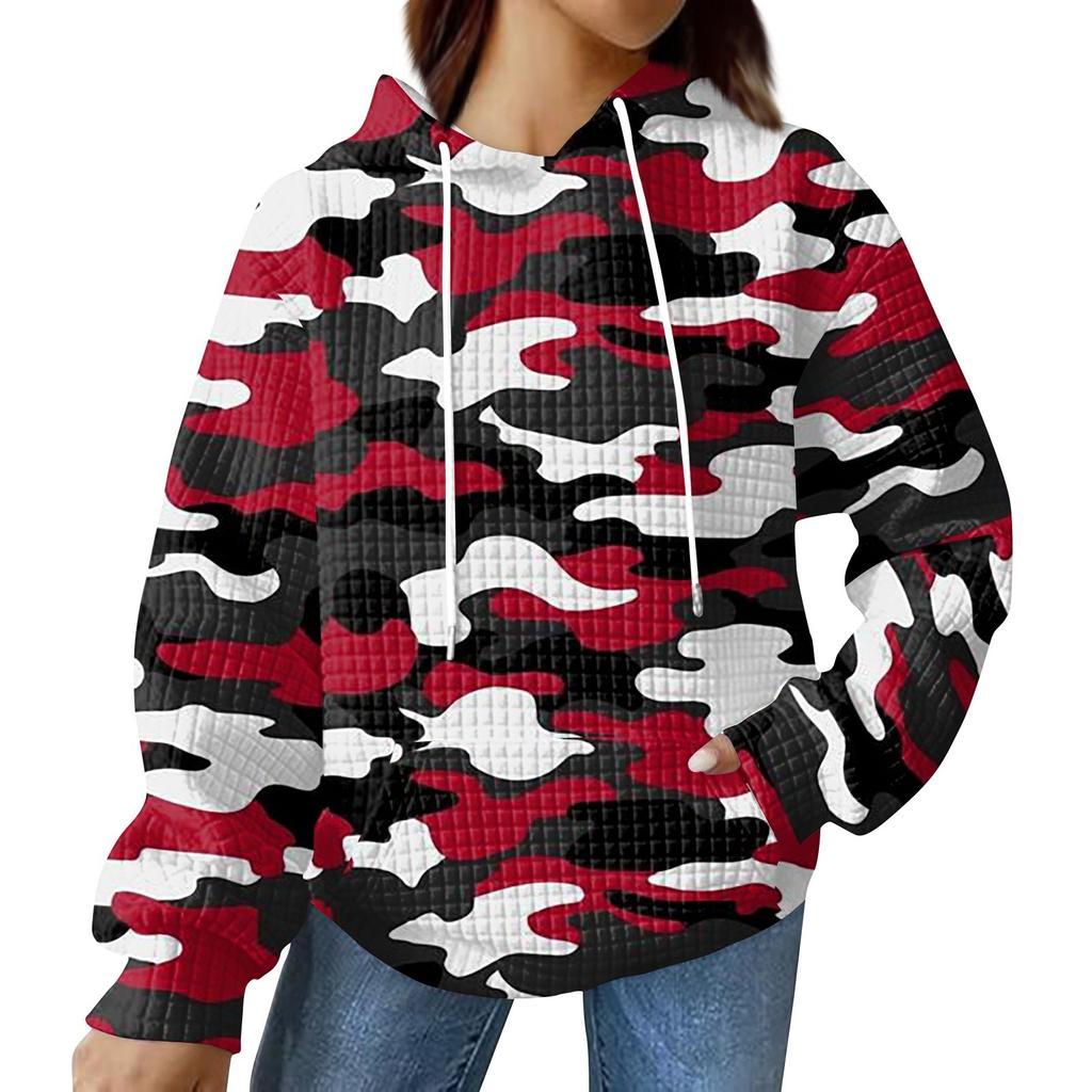 Women's Fashionable Loose Fitting Hooded Pullover, Long Sleeved Sportswear, Camouflage Printed Top, Daily Hoodie