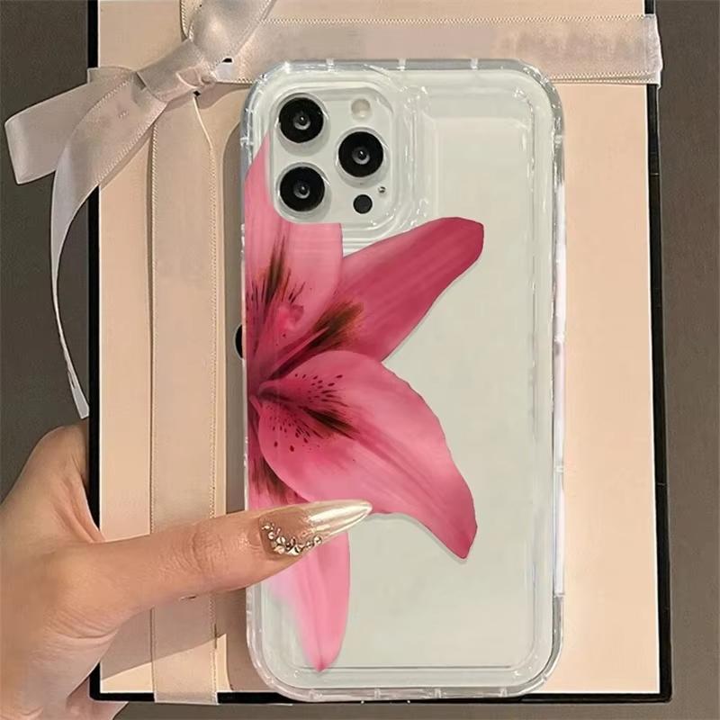 Ins Pink Lily Pattern Transparent Phone Case for iPhone 17 16 16E 14 13 15 Pro Max 11 12 Pro 17 Air 15 Plus Shockproof Cover