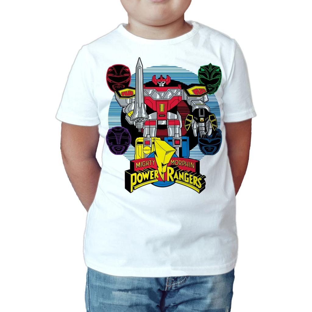Power Rangers Logo Four Heads Megazord Official Kids T-Shirt Mighty Morphin Tee