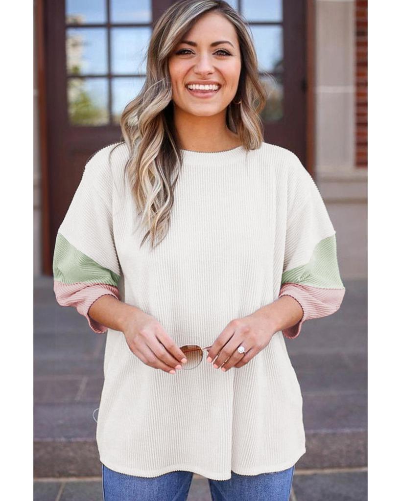 Azura Exchange White Color Block Ribbed Knit Quarter Sleeve Top