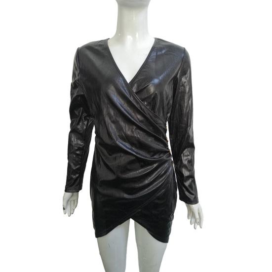 Вечеринка для выпускного вечера с низким вырезом, глубоким V-образным вырезом, плиссированной шеей, обтягивающим высоким женским платьем, глянцевое платье с длинными рукавами и нерегулярным подолом, длиной выше колена, женское