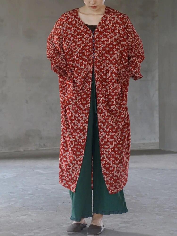 Johnature Женское красное платье с цветочным принтом и рукавами «летучая мышь», винтажные хлопковые длинные халаты, осенние свободные женские длинные платья на пуговицах
