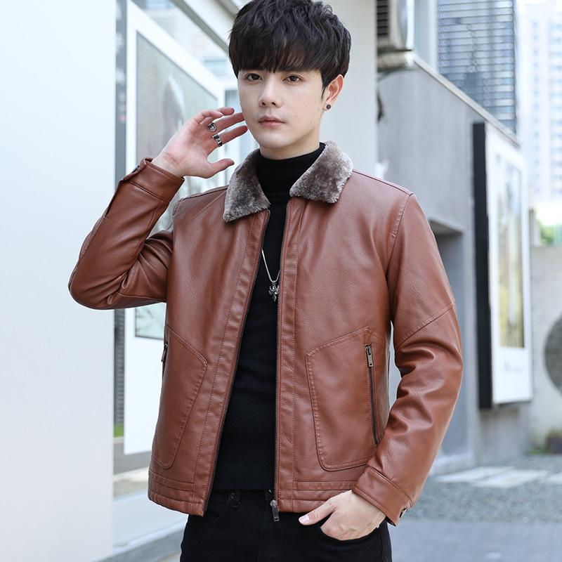 Men's Leather Jacket Autumn and Winter New Plush Insulation Jacket Trendy Motorcycle Leather Jacket Youth Fashion Label Clothes
