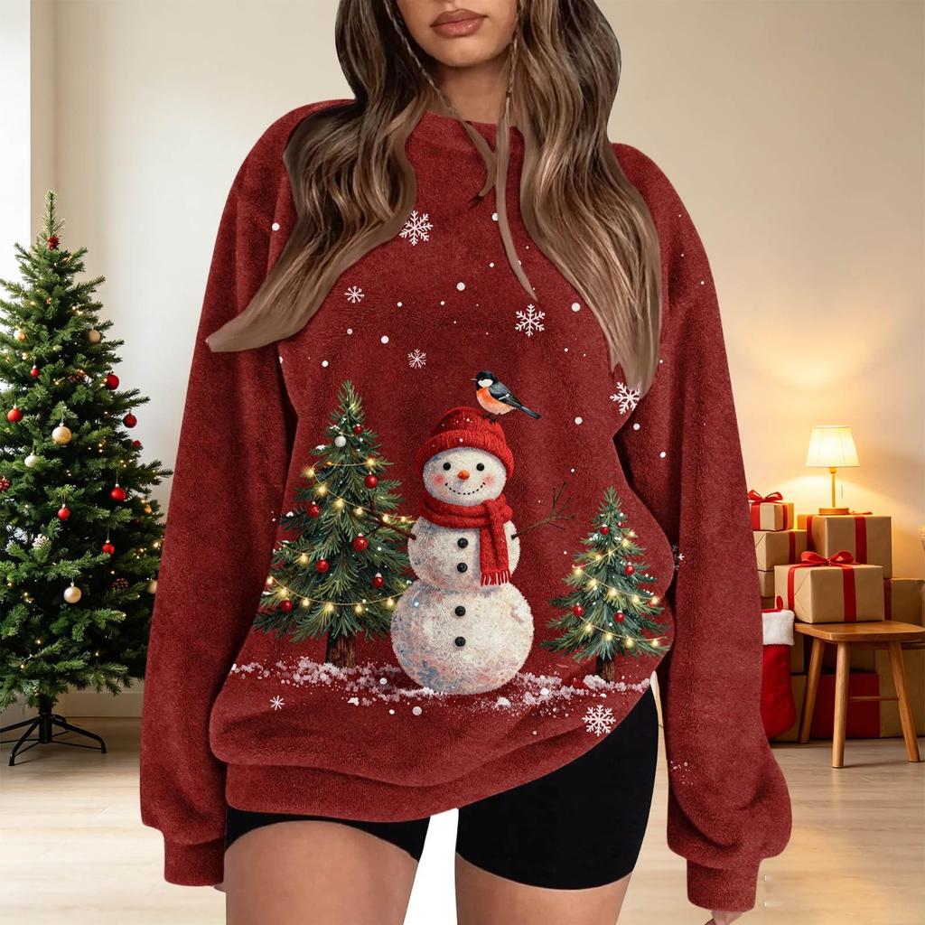 Women's Fashion Flannel Round Neck Printed Long Sleeve Top