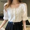 Square Collar Hollow Out White Blouse 2023 Fashion Elegant Summer Short Sleeve Woman Shirts Women Korean Lace Shirt Blusas 13934