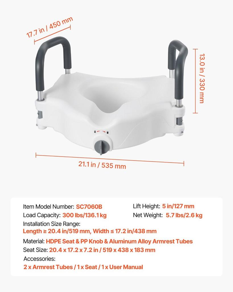 Raised Toilet Seat with Arms, 136.1 kg Load Capacity, 127 mm Lift Height, Widened Commode Elevated Toilet Seat Riser with Padded Handles for Seniors,
