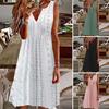 Летнее женское платье с V-образным вырезом без рукавов, однотонное свободное платье трапециевидной формы с большим подолом, повседневное мягкое дышащее пляжное повседневное платье длиной до колена