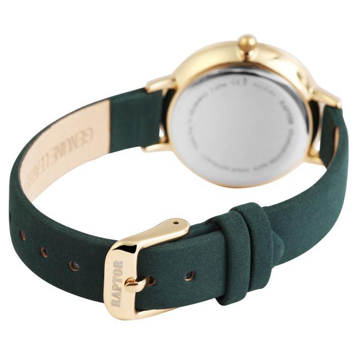Montre - RAPTOR - Crinkle - Boîtier doré 32 mm - Cadran vert - Bracelet cuir vert 12 mm