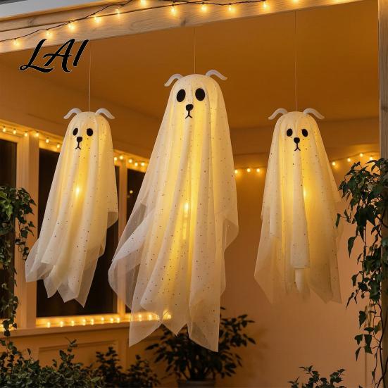 Outdoor Halloween Display Items 3 Pcs Lighted Dog Ghost Hanging Ornaments Spooky Flying Holiday Decorative Fabric Gauze with LED Light for Tree Porch