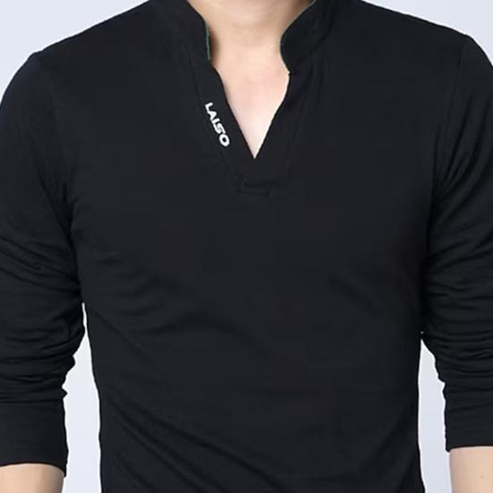 Мужская весна-осень футболка с воротником-стойкой, v-образным вырезом и длинными рукавами, мягкий приталенный однотонный мягкий дышащий мужской топ средней длины в деловом стиле