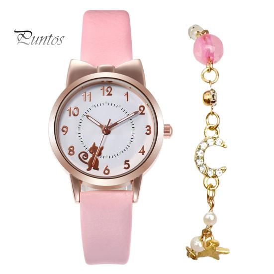 1 комплект, женские часы, браслет со звездой и луной, мультяшный кот, бант, круглый ремешок из искусственной кожи, точные кварцевые наручные часы для девочек и студентов, модные украшения на день рождения