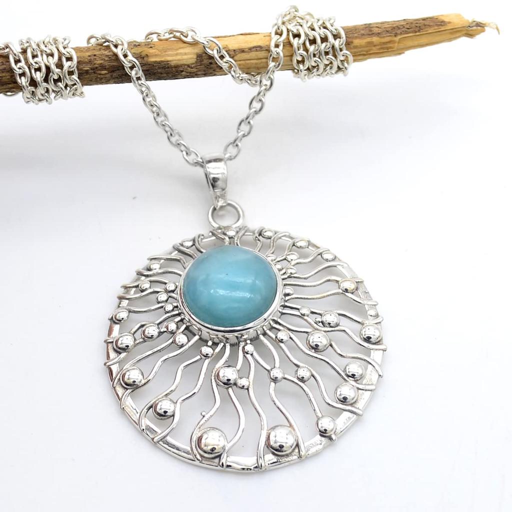 Круглый Кабошон Ларимар (4,80 карата) Ожерелье с подвеской Твердая подвеска из стерлингового серебра 925 пробы с цепочкой Ювелирные изделия для женщин или девочек