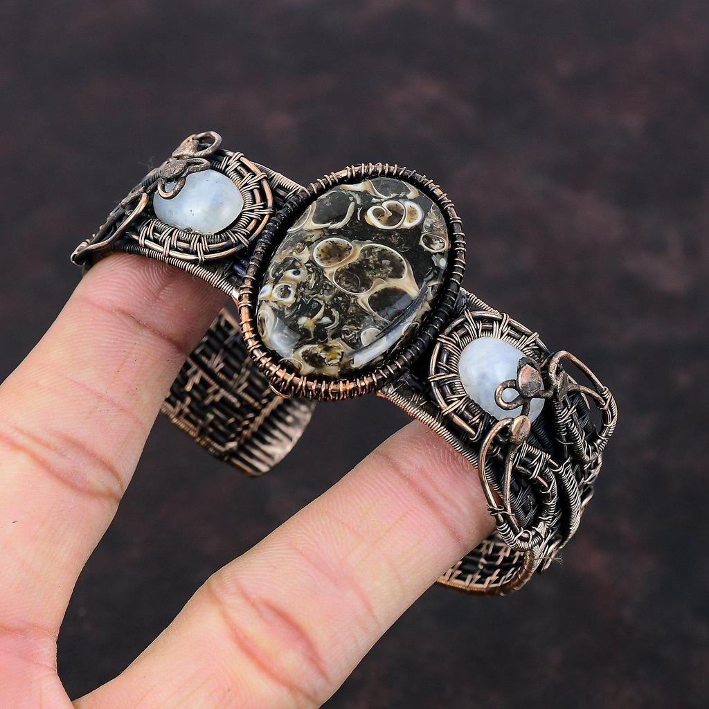 Браслет-манжета из агата Turritella, медная проволока, браслет-манжета из радужного лунного камня, регулируемый браслет ручной работы, медные украшения для подарка