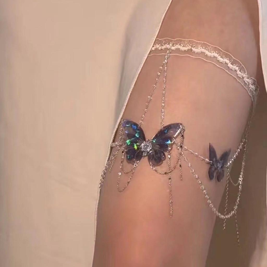 Butterfly Tassels Thigh Chain Adjustable Length Lace Leg Chain with Fringes Accent Unique Body Jewelry for Women Girls