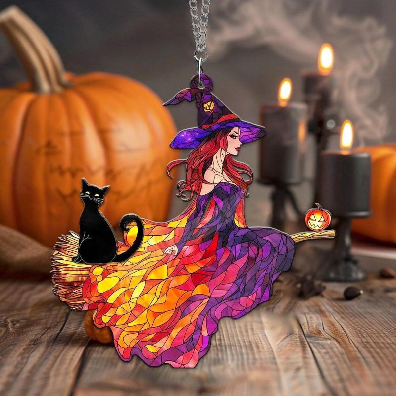 Готический акриловый ловец солнца «Ведьма и черный кот», украшение на Хэллоуин для окна, подвеска-колокольчик, подвесное украшение «Ведьма на метле» для дома и вечеринки