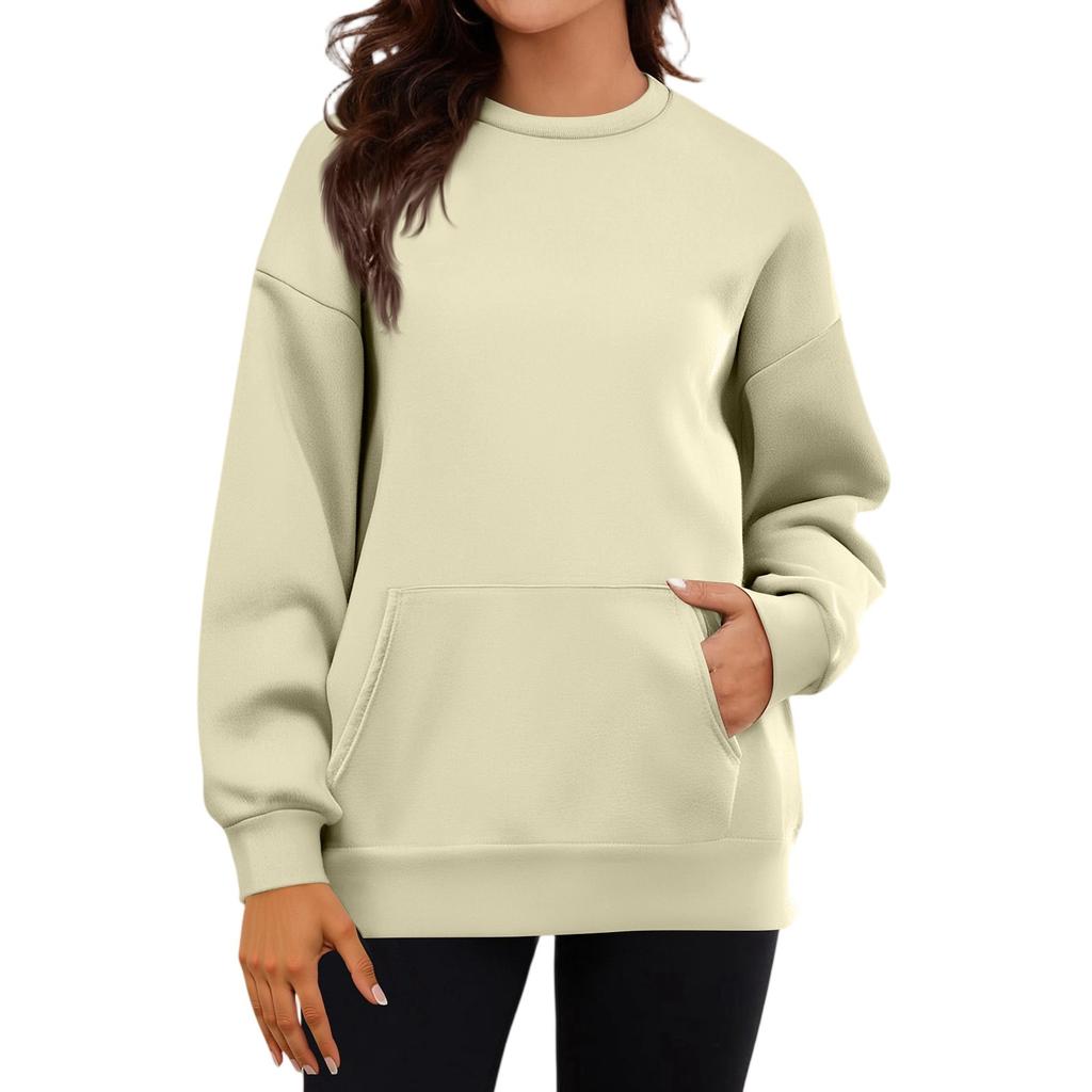 Women's Casual Fashion Long Sleeve Solid Color Round Neck Sweatshirt Top With Pockets