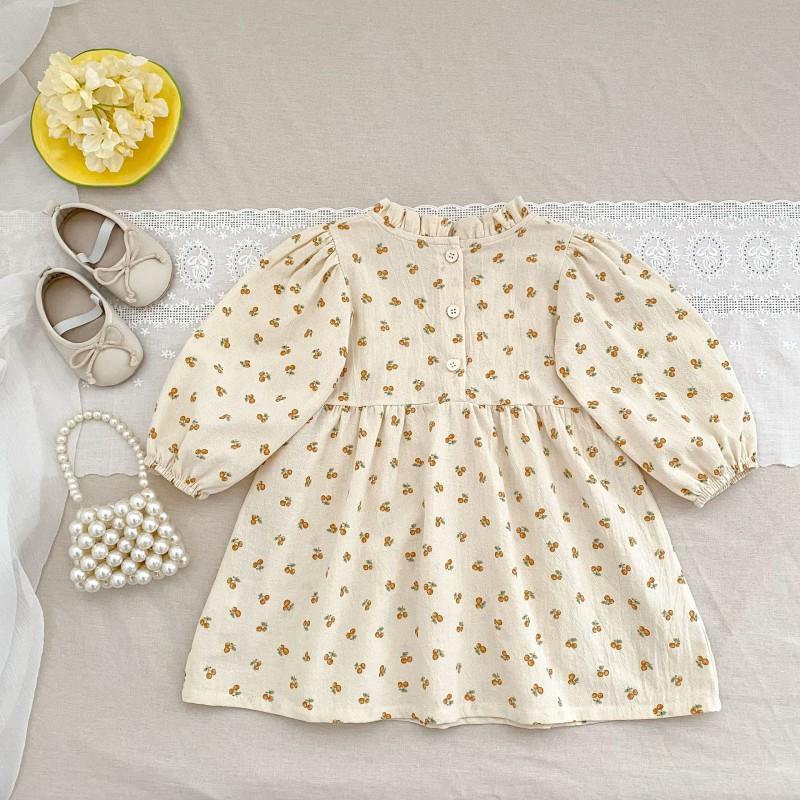 Girls Long Sleeve Dress Floral Print Turtleneck A-Line Cotton 3-8 Years Old