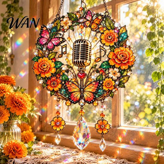Stained Glass Style Decor Acrylic Suncatcher with Metal Chain, 2D Flat Window Hanging Ornament Vintage Microphone Wall Retro Cowgirl/Microphone