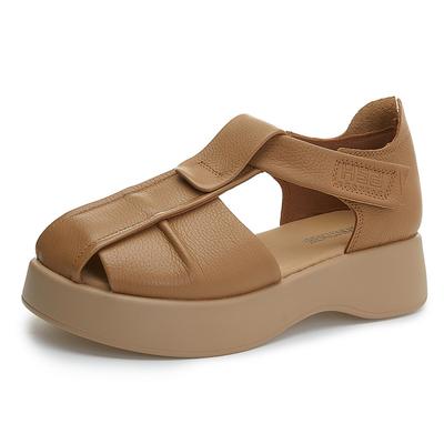 Мода 5СМ Мода Ретро Летняя Обувь Женские Босоножки на Танкетке Ручной Работы Натуральная Кожа Полая Платформа Повседневные Сандалии Женские Черные коричневые