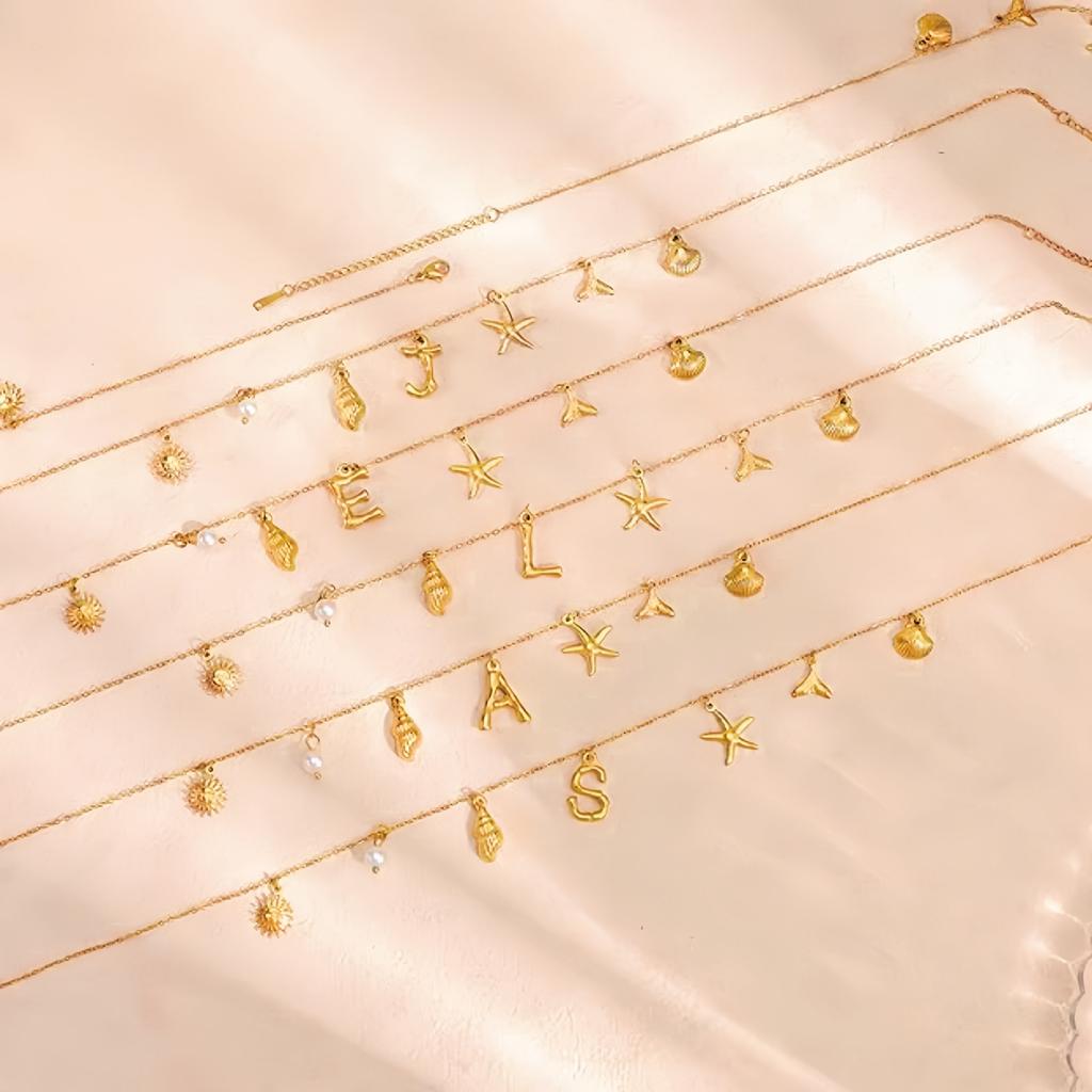 MHS.SUN Starfish Shell Initial Necklace Waterproof 18K Gold Plated Stainless Steel Charm Necklaces Surfer Girl Summer Beach Gift