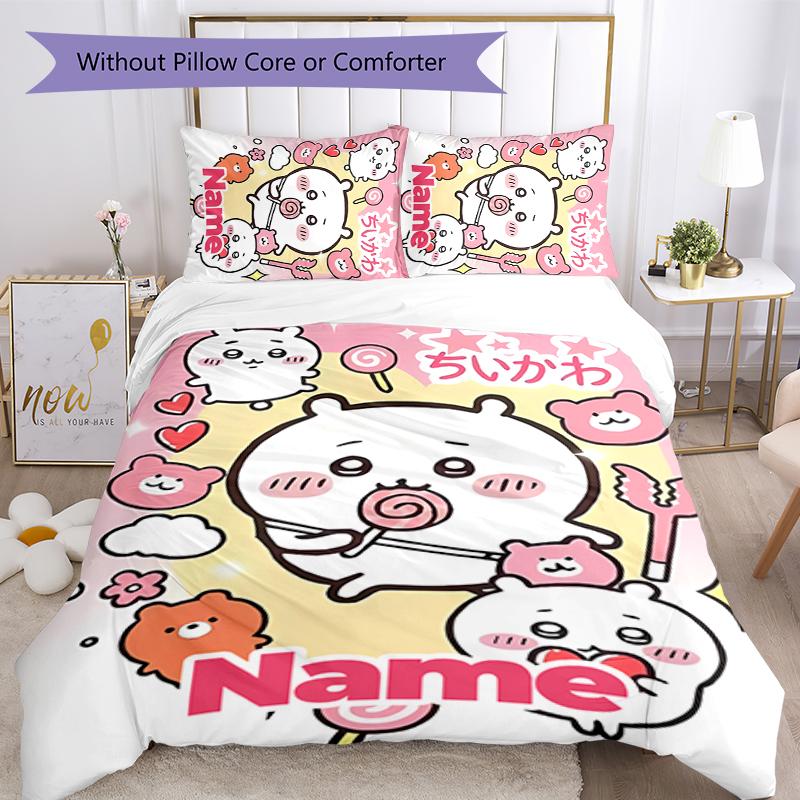 3pcs Custom Name Chiikawa Bedding Set Duvet Cover Closure Includes 1 Duvet Cover & 2 Pillowcases for All Seasons Bedroom Decor