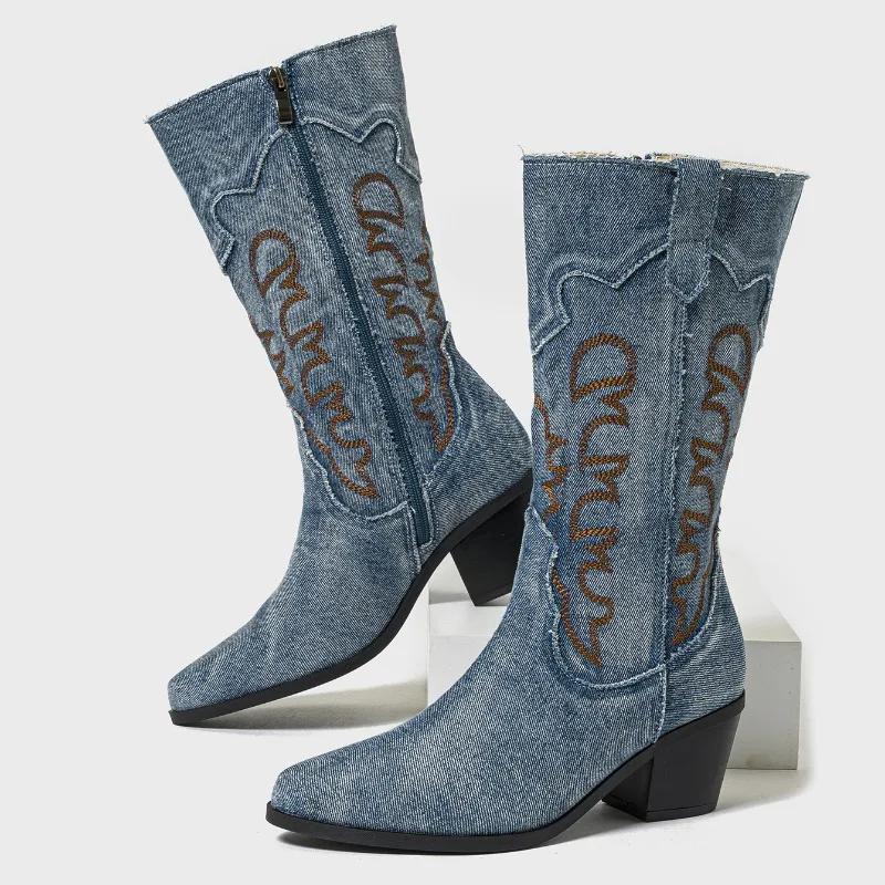 Осенний тренд 2024 года, вышитый тотемный дизайн, толстый каблук, ковбойские сапоги в стиле вестерн, модные женские мотоциклетные сапоги средней длины с острым носком