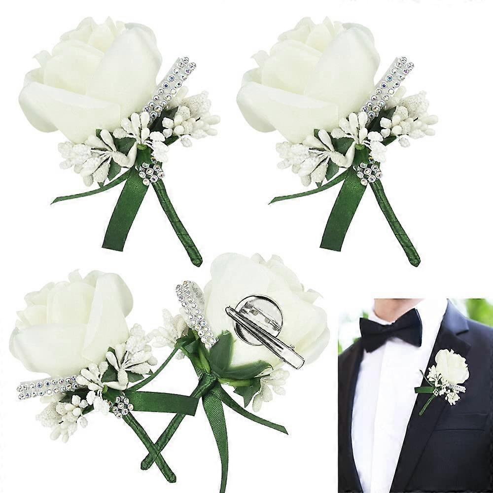 4 PCS Rose Wedding Boutonniere White Boutonniere Handmade Corsage Buttonhole Flowers Artificial