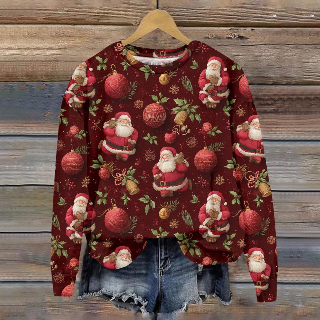 Women's Fashion Christmas Printed Long Sleeve Loose Round Neck Sweatshirt Top