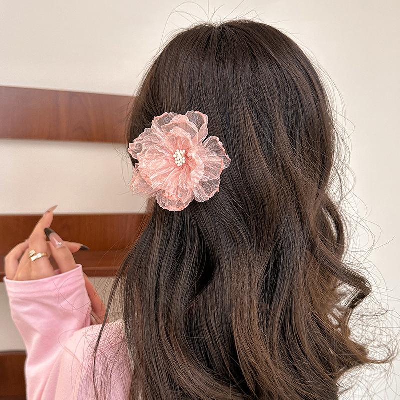 Новинка 2024 года, заколка для волос с большим цветком, модная шифоновая челка, заколки для волос, детские головные уборы для девочек, аксессуары для волос на отдыхе