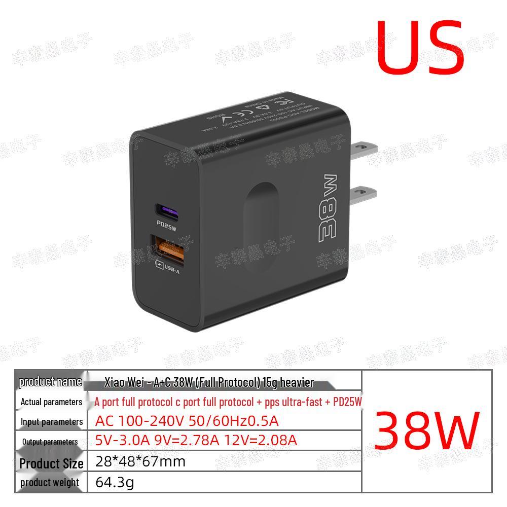 Быстрое зарядное устройство 38 Вт с двумя портами USB+PD и вилкой EU/US/UK