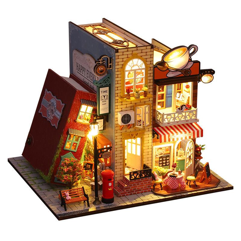 DIY Wooden Book Nook Shelf Insert Kit Chinese Street View Bookends Miniature Building Kits Bookshelf Doll Houses Friends Gifts