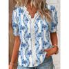 Summer V Neck Short Sleeve Lace Patchwork Blouse Women's Floral Print Tops