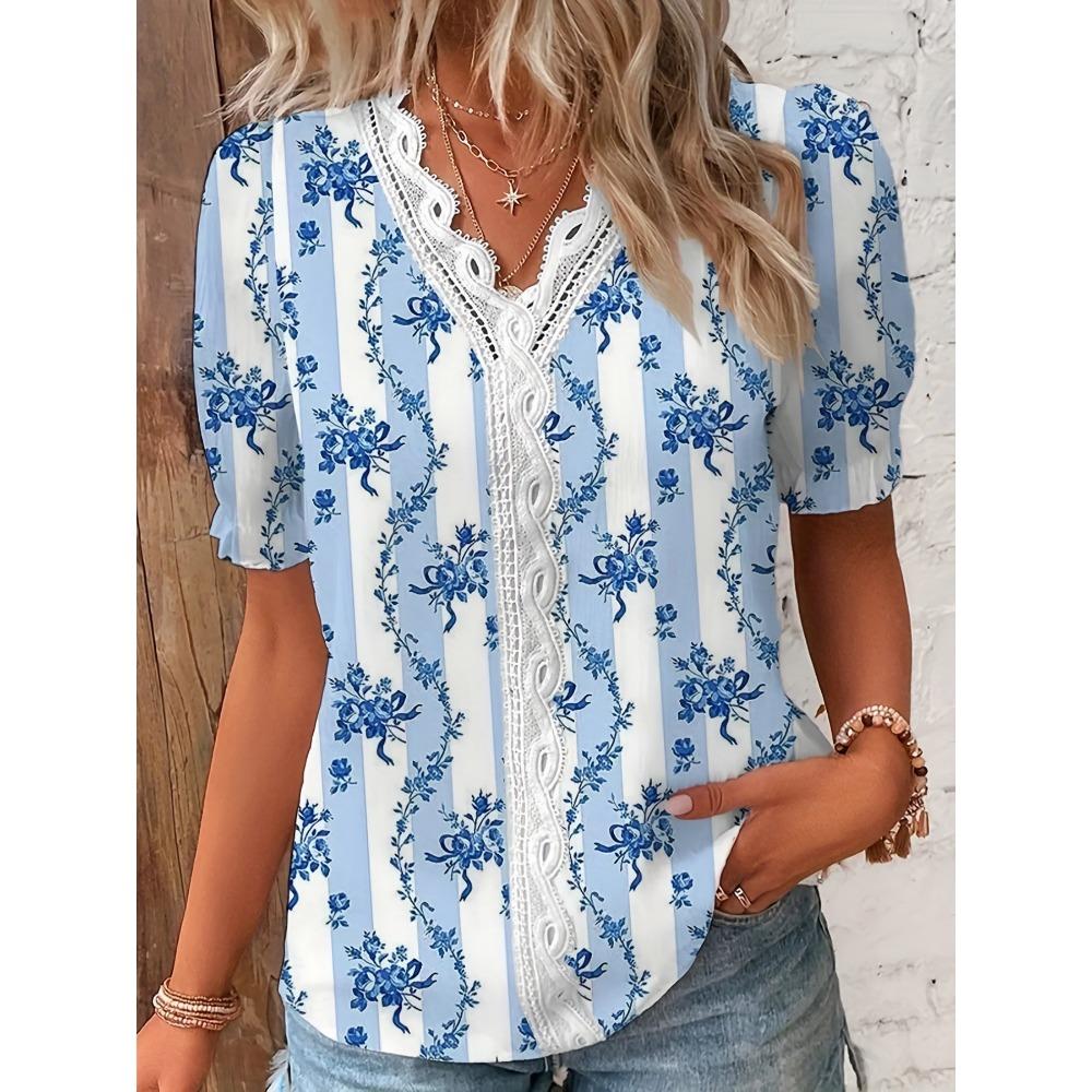 Summer V Neck Short Sleeve Lace Patchwork Blouse Women's Floral Print Tops
