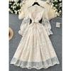 French Style Elegant Dress Women Spring High-Grade Heavy Embroidery Mesh Waist Hugging Slimming Puffy Fairy Long Skirt